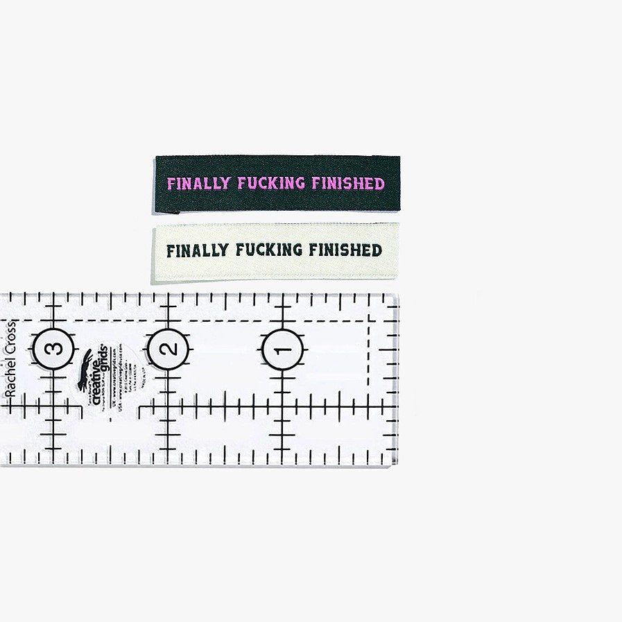Finally F*cking Finished woven labels by Kylie and the Machine in cream/dark green and forest green/pink color combinations - humorous sewing completion tags