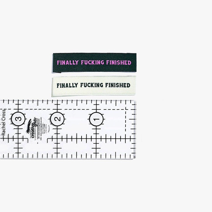 Finally F*cking Finished woven labels by Kylie and the Machine in cream/dark green and forest green/pink color combinations - humorous sewing completion tags