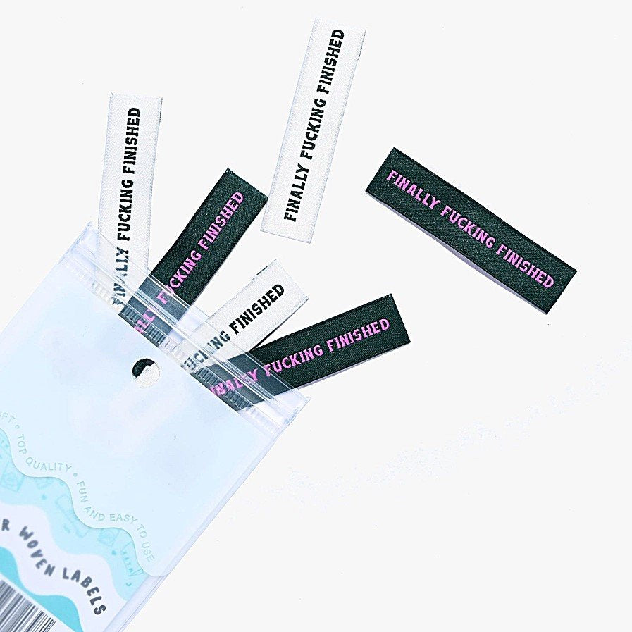 Finally F*cking Finished woven labels by Kylie and the Machine in cream/dark green and forest green/pink color combinations - humorous sewing completion tags