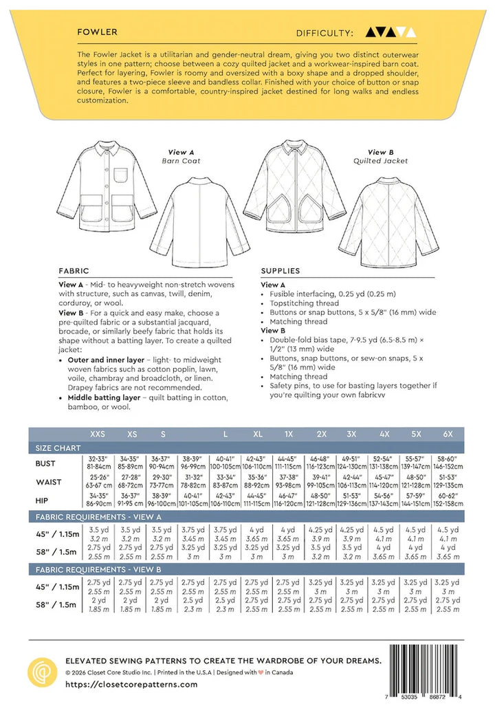 Pattern - Closet Core - Fowler Barn Coat & Quilted Jacket