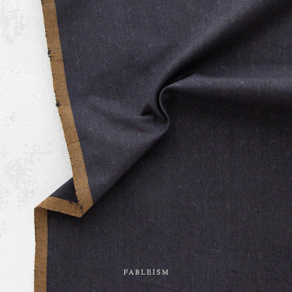 Cotton Woven Sprout Woven in Obsidian fabric in deep blue, 100% cotton textile for shirts, blouses, dresses, and structured skirts