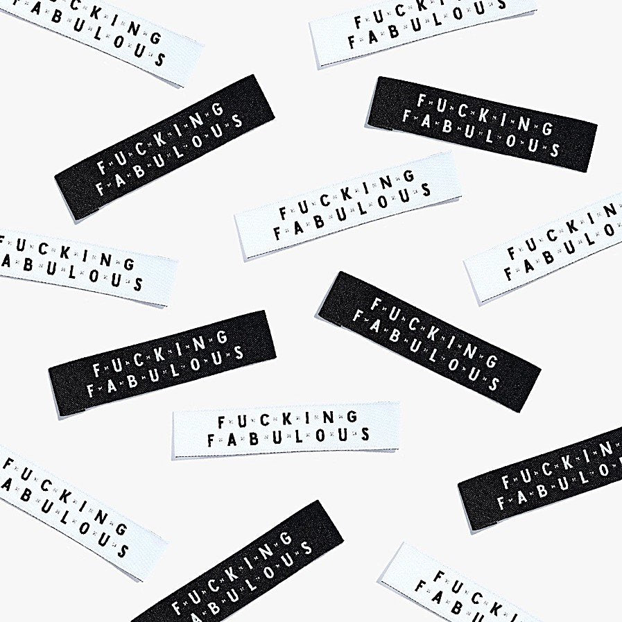 Kylie and the Machine 'Fcking Fabulous' woven labels in white/black/silver and black/white/silver – bold sewing labels for proud makers