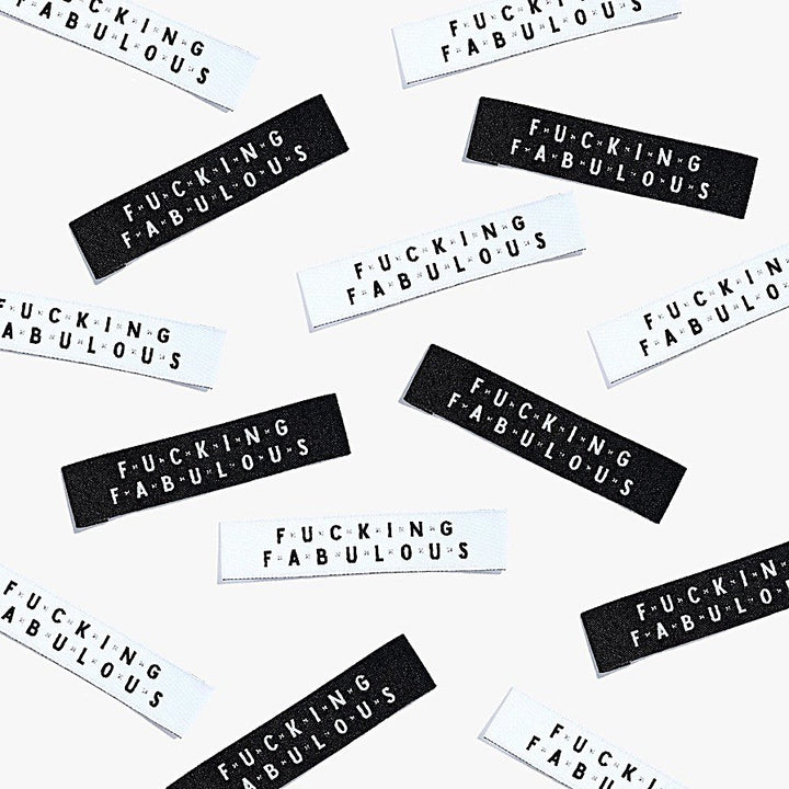 Kylie and the Machine 'Fcking Fabulous' woven labels in white/black/silver and black/white/silver – bold sewing labels for proud makers