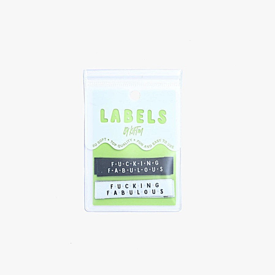 Kylie and the Machine 'Fcking Fabulous' woven labels in white/black/silver and black/white/silver – bold sewing labels for proud makers