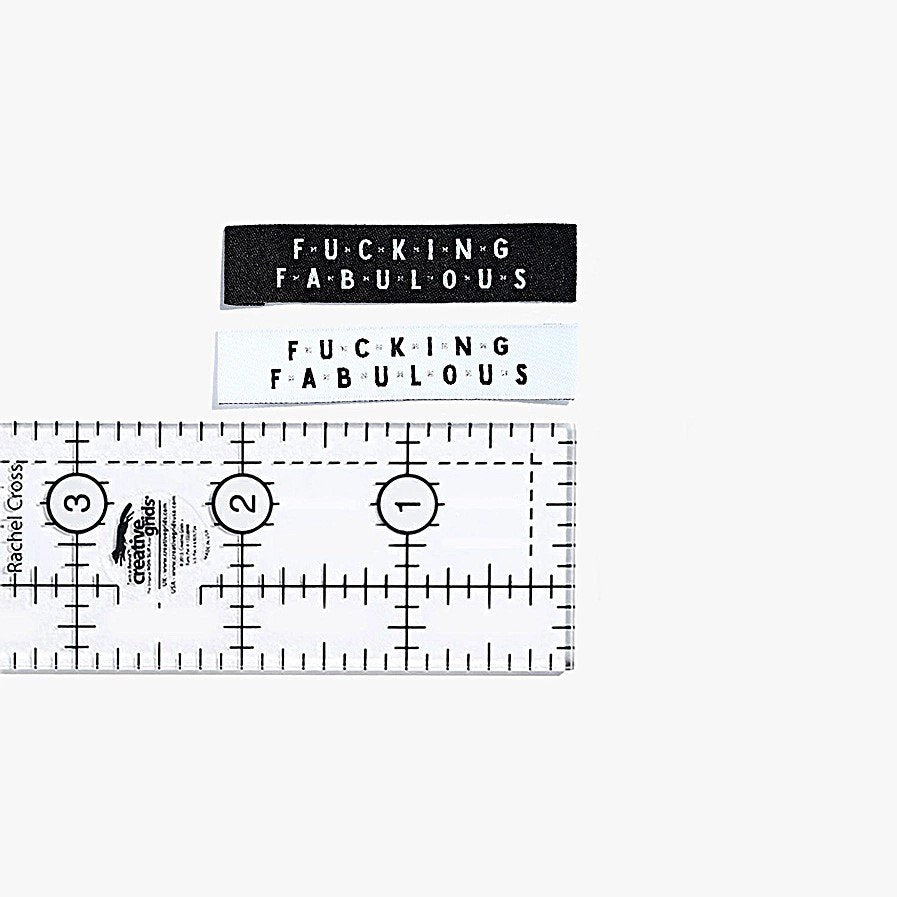 Kylie and the Machine 'Fcking Fabulous' woven labels in white/black/silver and black/white/silver – bold sewing labels for proud makers