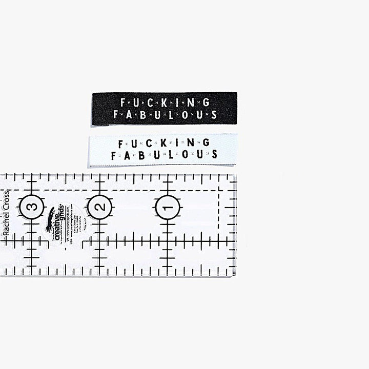 Kylie and the Machine 'Fcking Fabulous' woven labels in white/black/silver and black/white/silver – bold sewing labels for proud makers
