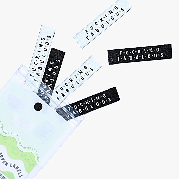 Kylie and the Machine 'Fcking Fabulous' woven labels in white/black/silver and black/white/silver – bold sewing labels for proud makers