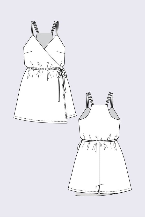Named Clothing Helga Wrap Playsuit sewing pattern – wrap-front romper with skirt overlay, drawstring waist, and racerback straps.