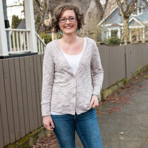 Straight Stitch Designs Phinney Ridge sewing pattern – mid-hip cardigan with sleeve options, elbow patches, and closure variations.