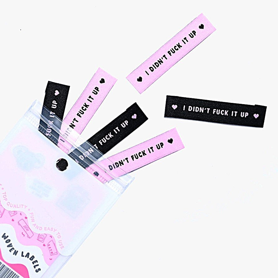 Kylie and the Machine 'I Didn't Fck It Up!' woven labels in pink/black and black/pink – motivational sewing labels for confident makers