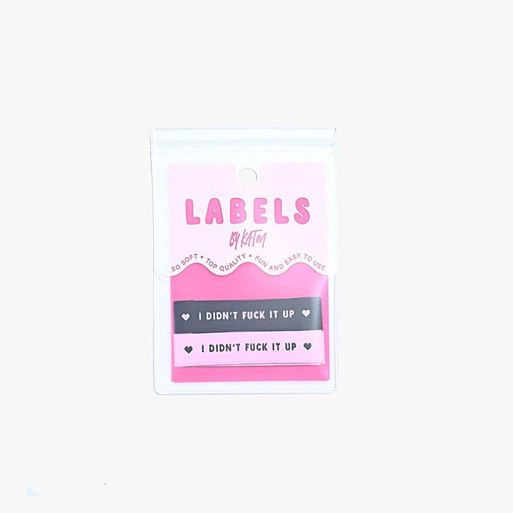 Kylie and the Machine 'I Didn't Fck It Up!' woven labels in pink/black and black/pink – motivational sewing labels for confident makers
