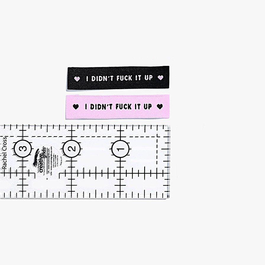 Kylie and the Machine 'I Didn't Fck It Up!' woven labels in pink/black and black/pink – motivational sewing labels for confident makers