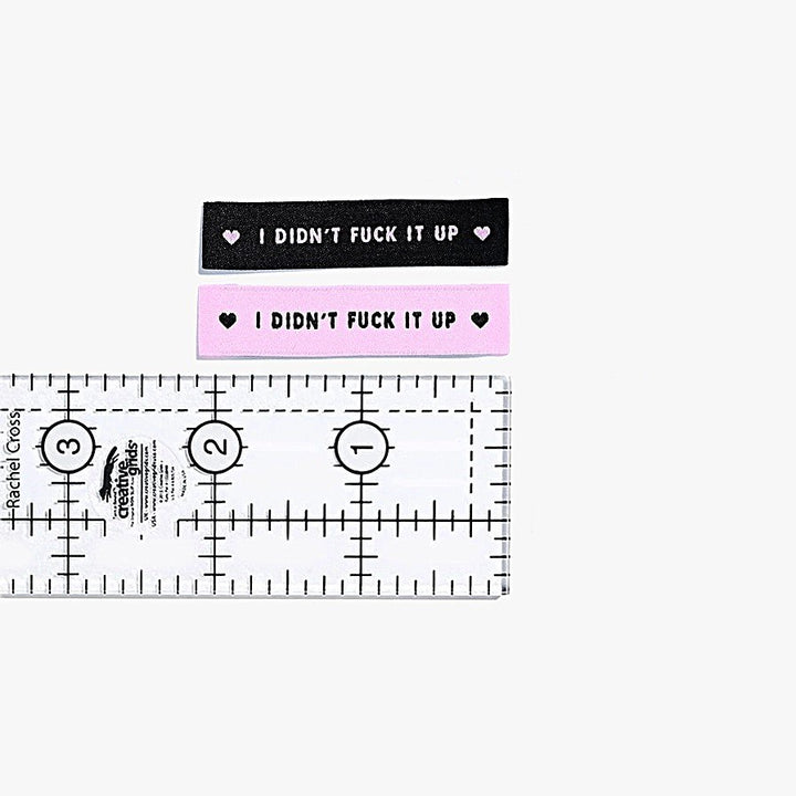 Kylie and the Machine 'I Didn't Fck It Up!' woven labels in pink/black and black/pink – motivational sewing labels for confident makers