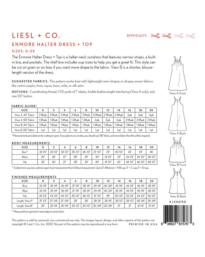 Pattern - Liesl + Co - The Enmore Halter Dress + Top