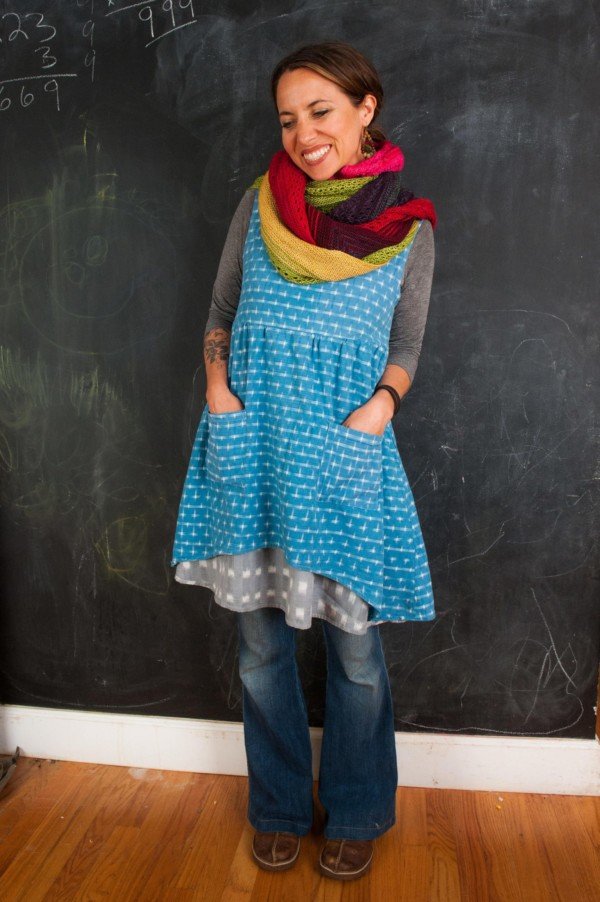 Sew Liberated Metamorphic Dress sewing pattern with reversible design, high/low waist seam, tiered skirt with patch pockets, and pinafore option