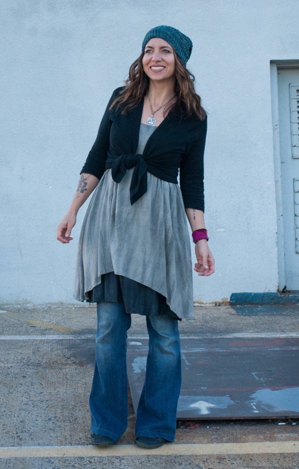 Sew Liberated Metamorphic Dress sewing pattern with reversible design, high/low waist seam, tiered skirt with patch pockets, and pinafore option