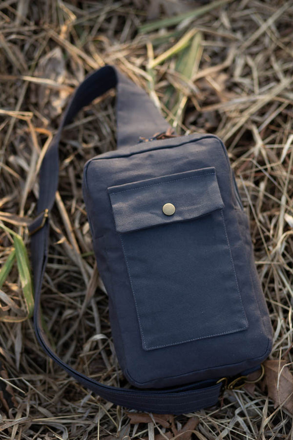 Sandhill Sling crossbody bag sewing pattern with adjustable strap and pocket options.