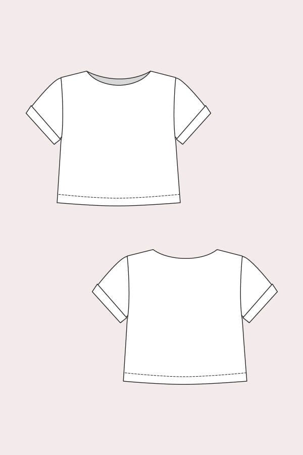 Named Clothing Inari Tee Dress sewing pattern – cocoon-shaped dress and cropped tee with rolled sleeves and modern minimalist style.