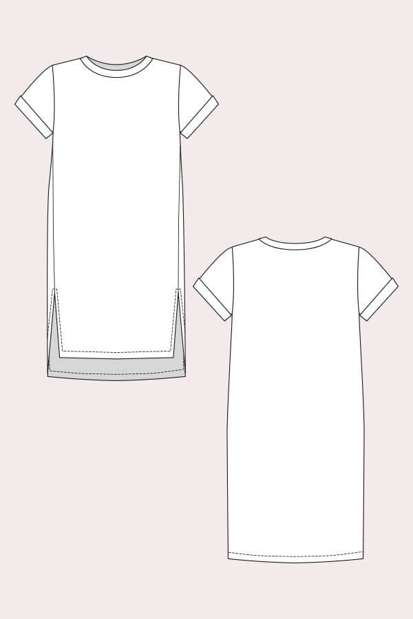 Named Clothing Inari Tee Dress sewing pattern – cocoon-shaped dress and cropped tee with rolled sleeves and modern minimalist style.