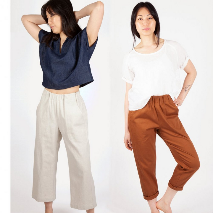 Sew House Seven Free Range Slacks Paper Pattern – elastic waist tapered and straight cropped pants sewing pattern