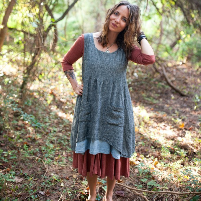 Sew Liberated Metamorphic Dress sewing pattern with reversible design, high/low waist seam, tiered skirt with patch pockets, and pinafore option