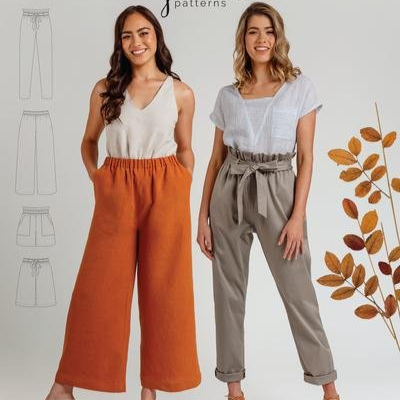 Megan Nielsen Opal sewing pattern for high-waist pants and shorts with paper bag and elastic waist options