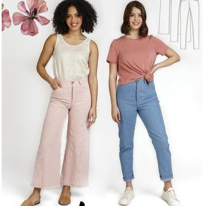 Megan Nielsen Dawn Jeans (4 in 1) showing high-waisted tapered, straight, wide-leg jeans, and jean shorts in rigid denim