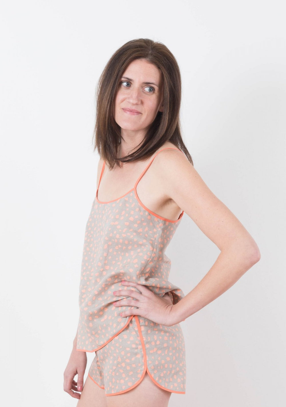 Grainline Studio Lakeside Pajamas sewing pattern with spaghetti strap split-back tank and gym-style shorts in lightweight fabrics