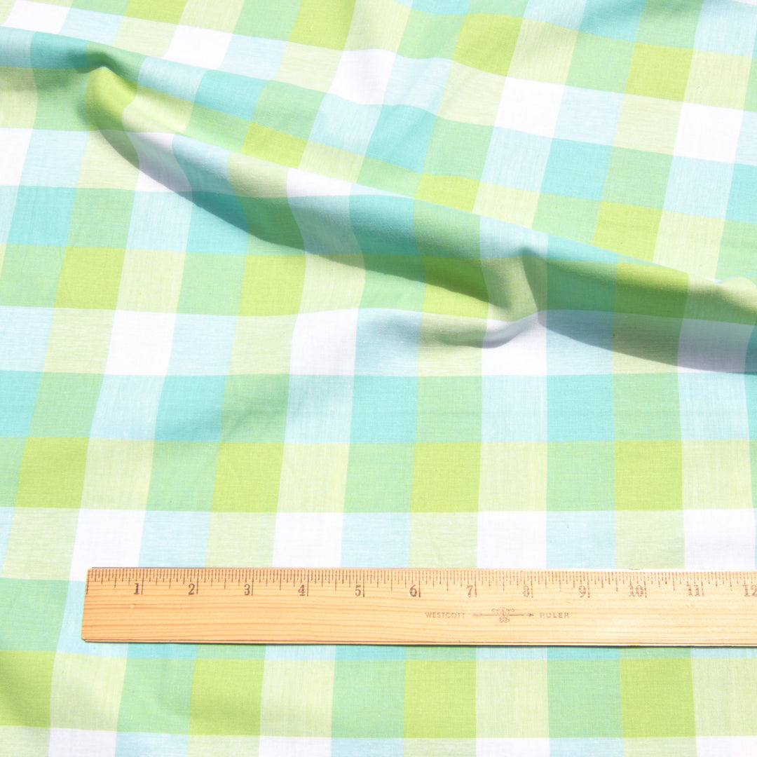Cotton Aqua Lime White Gingham Plaid – 100% cotton poplin, 58 inches wide for sewing dresses, shirts, and summer layering garments
