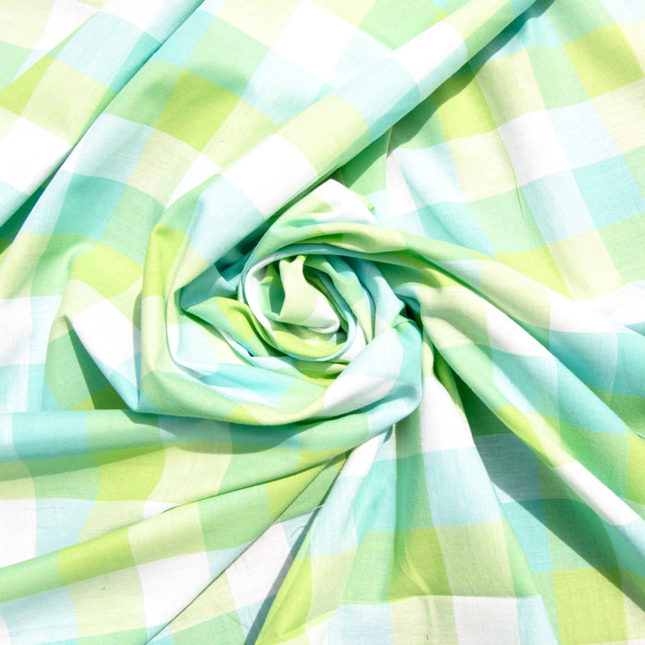 Cotton Aqua Lime White Gingham Plaid – 100% cotton poplin, 58 inches wide for sewing dresses, shirts, and summer layering garments