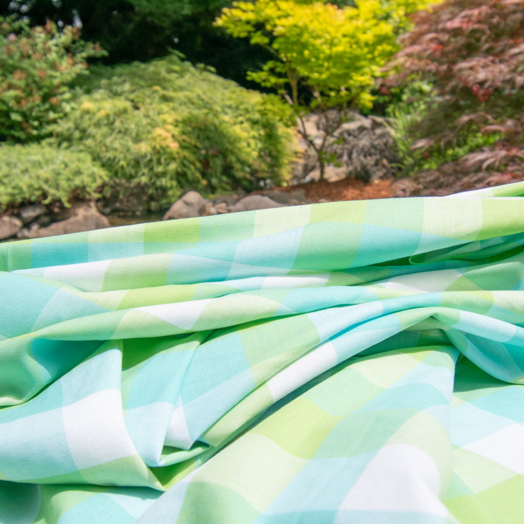Cotton Aqua Lime White Gingham Plaid – 100% cotton poplin, 58 inches wide for sewing dresses, shirts, and summer layering garments