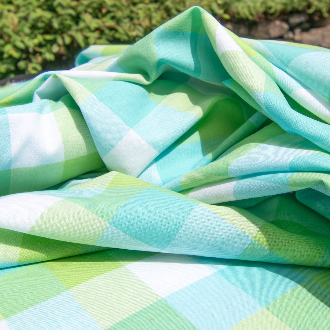 Cotton Aqua Lime White Gingham Plaid – 100% cotton poplin, 58 inches wide for sewing dresses, shirts, and summer layering garments