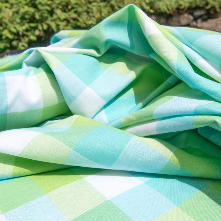Cotton Aqua Lime White Gingham Plaid – 100% cotton poplin, 58 inches wide for sewing dresses, shirts, and summer layering garments