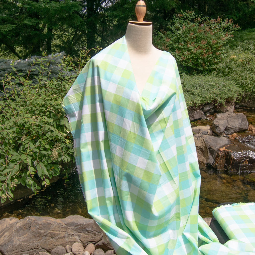 Cotton Aqua Lime White Gingham Plaid – 100% cotton poplin, 58 inches wide for sewing dresses, shirts, and summer layering garments