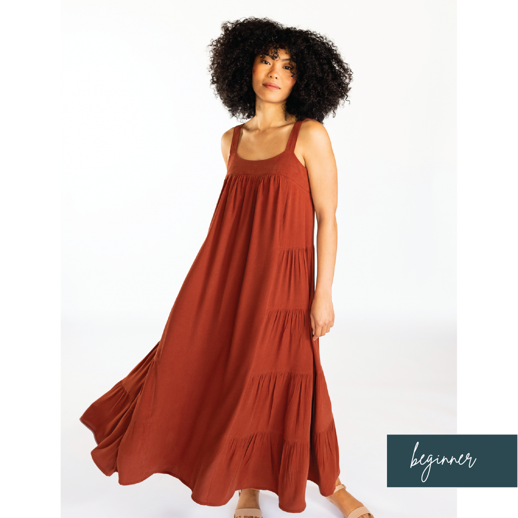 Chalk & Notch Marcel Dress & Tank Top sewing pattern with fitted high bust and flowing silhouette