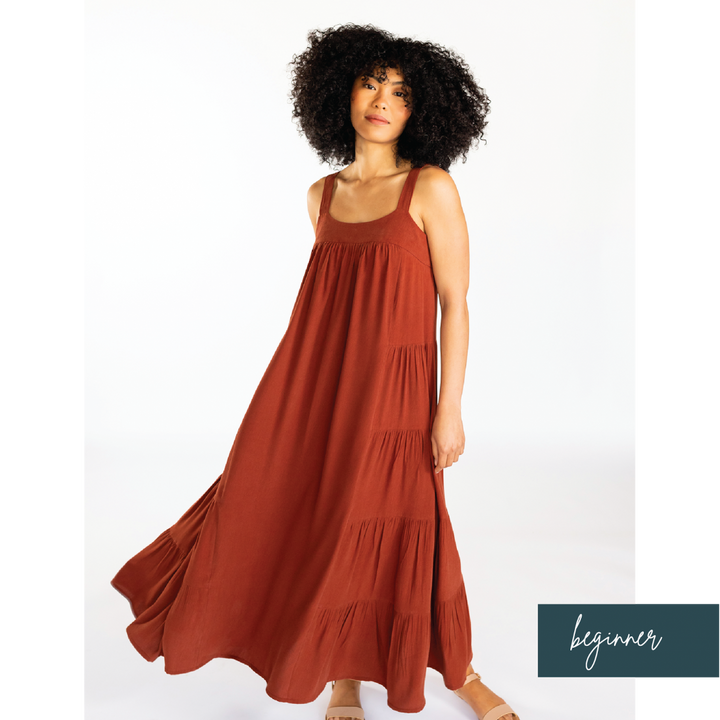 Chalk & Notch Marcel Dress & Tank Top sewing pattern with fitted high bust and flowing silhouette