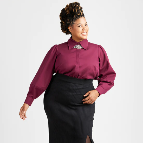 Cashmerette Vernon Shirt sewing pattern featuring classic and fashion-forward button-up styles with curve-friendly fit, sizes 0–32.