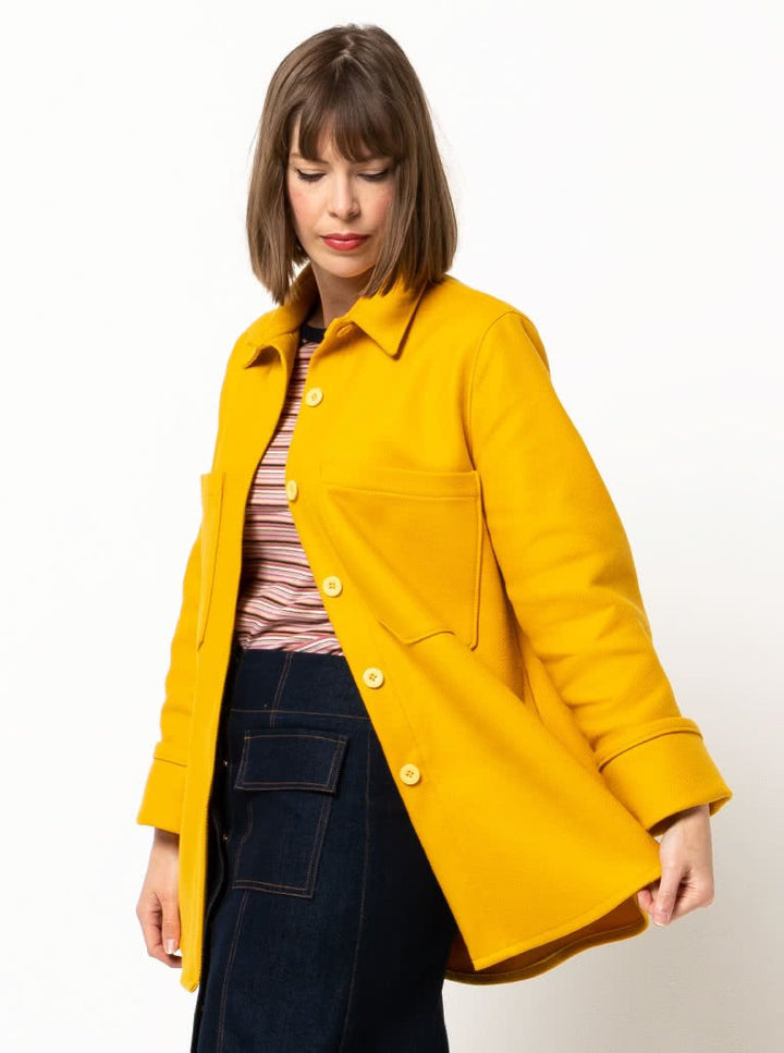 Style Arc Logan Shacket sewing pattern with oversized fit, dropped shoulders, shirt collar, and multiple pocket options
