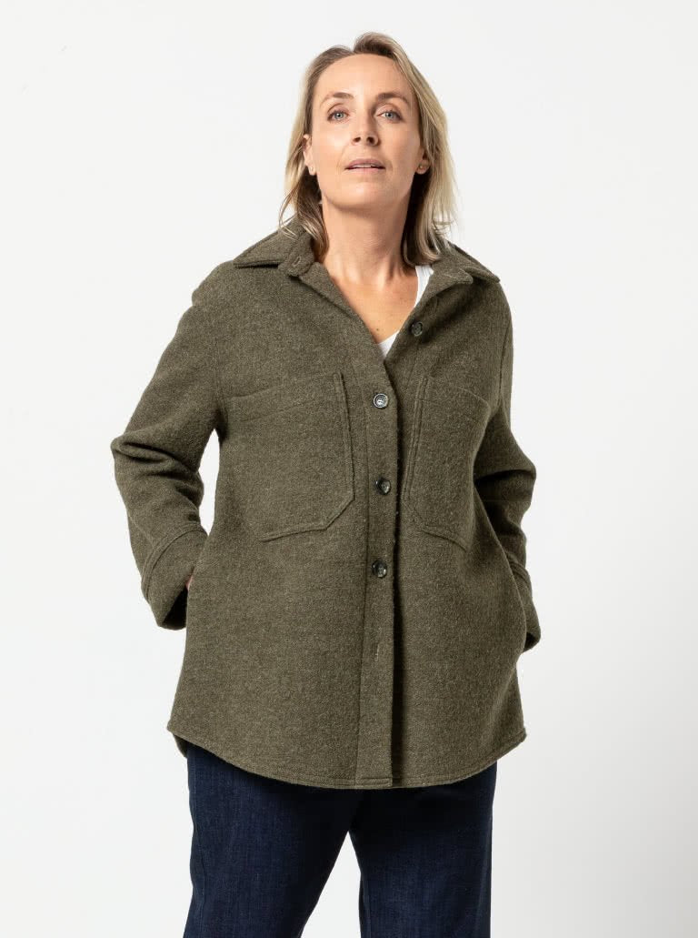 Style Arc Logan Shacket sewing pattern with oversized fit, dropped shoulders, shirt collar, and multiple pocket options
