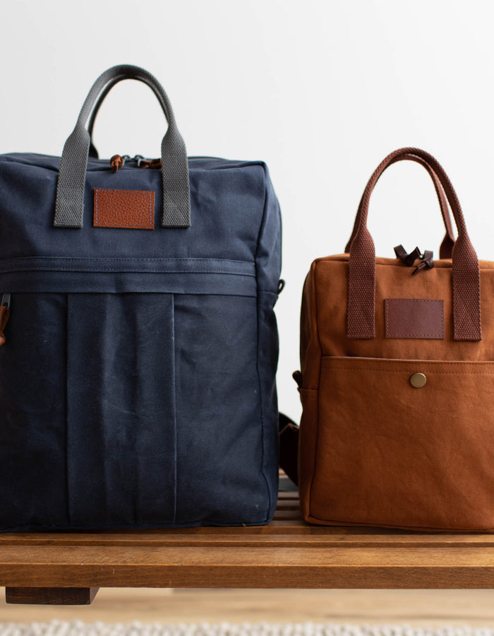 Noodlehead Making Backpack pattern in regular and mini sizes with customizable fabrics and pockets