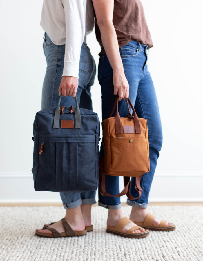 Noodlehead Making Backpack pattern in regular and mini sizes with customizable fabrics and pockets