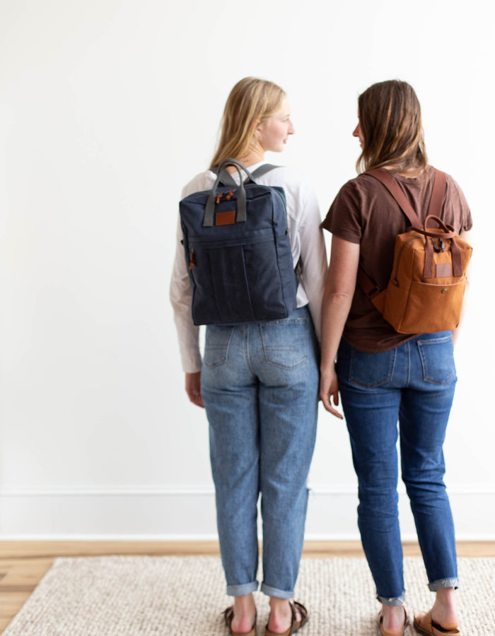 Noodlehead Making Backpack pattern in regular and mini sizes with customizable fabrics and pockets