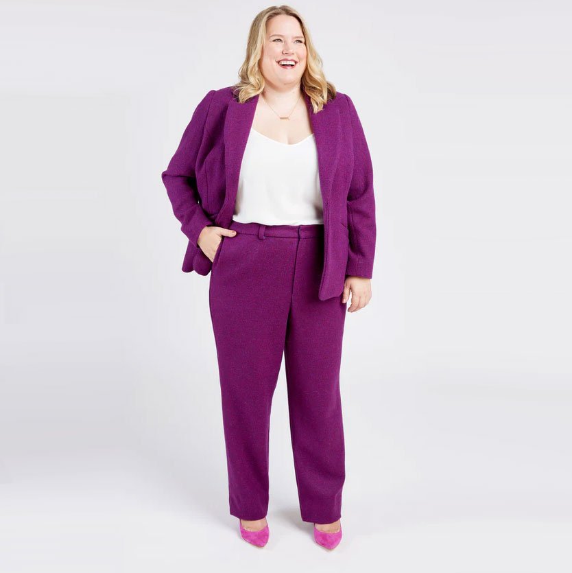 Cashmerette Meriam Trousers sewing pattern for curvy sizes 12–32 with flex waistband and classic trouser details.