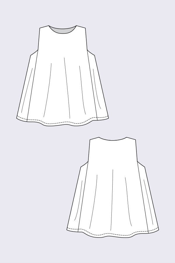 Named Clothing Minttu Swing Top sewing pattern – loose-fitting A-line jersey top with round neckline and no side seams.