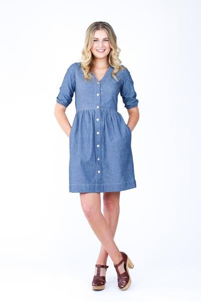 Megan Nielsen Darling Ranges Dress sewing pattern with v-neck, button front, pockets, and adaptable dress, blouse, or tunic variations