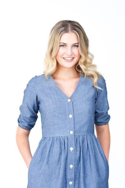 Megan Nielsen Darling Ranges Dress sewing pattern with v-neck, button front, pockets, and adaptable dress, blouse, or tunic variations