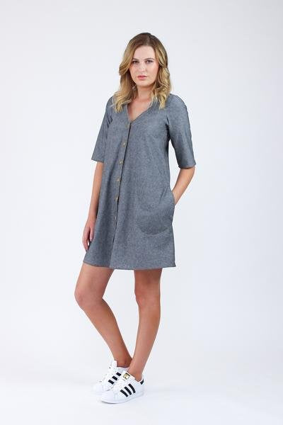 Megan Nielsen Darling Ranges Dress sewing pattern with v-neck, button front, pockets, and adaptable dress, blouse, or tunic variations