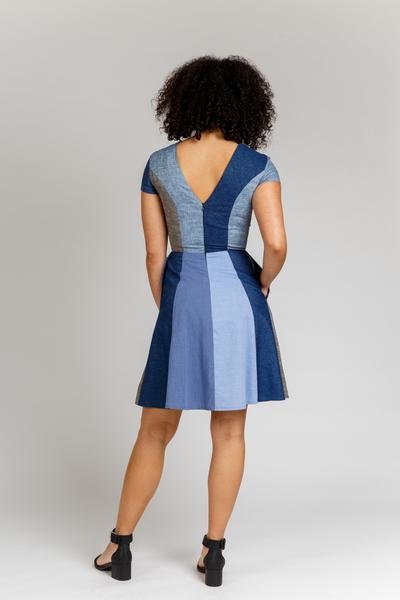Megan Nielsen Karri Dress sewing pattern with multi-paneled design, princess seams, flared skirt, and color-blocking options