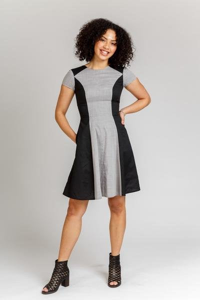 Megan Nielsen Karri Dress sewing pattern with multi-paneled design, princess seams, flared skirt, and color-blocking options