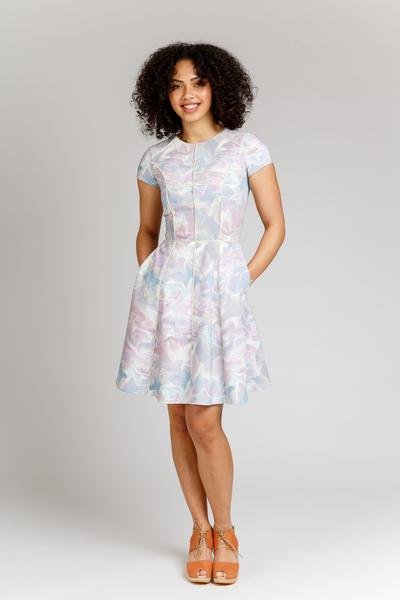 Megan Nielsen Karri Dress sewing pattern with multi-paneled design, princess seams, flared skirt, and color-blocking options